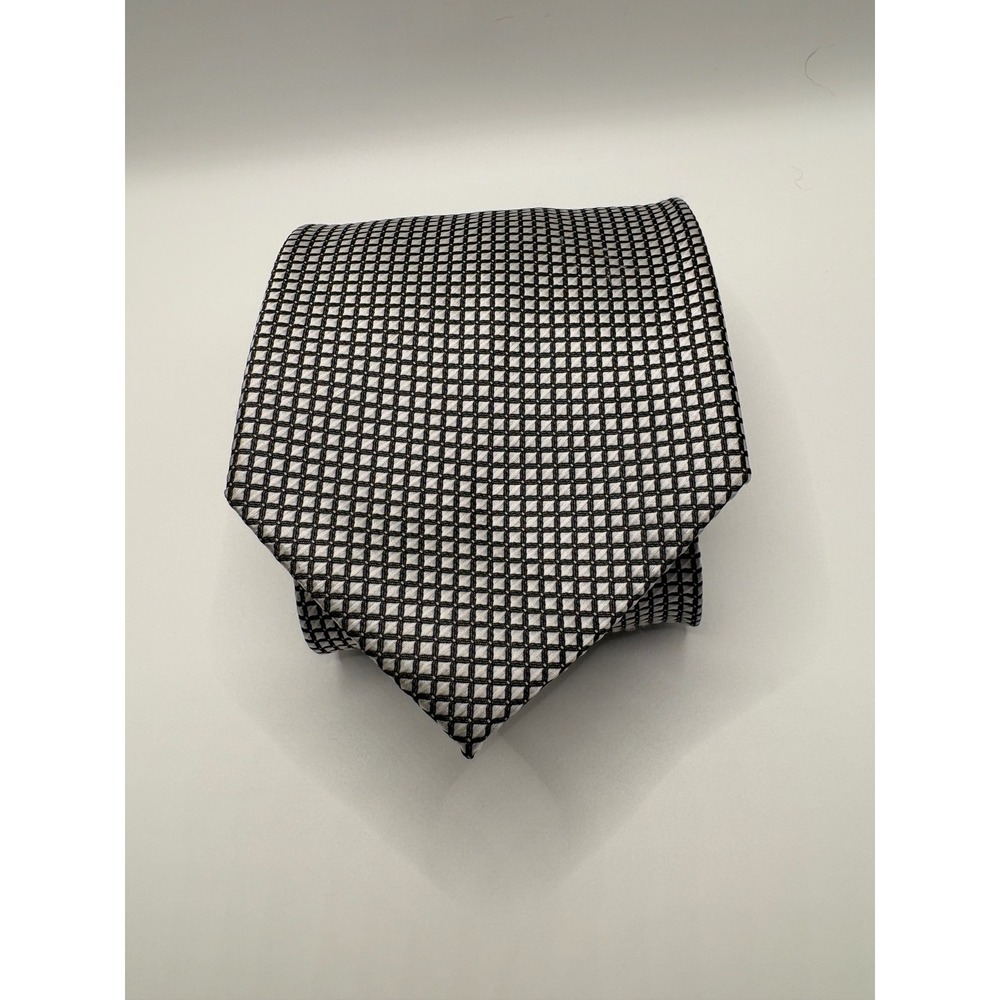 Adolfo Mens Necktie Silver Black Geometric Grid Pattern Polyester Classic Tie